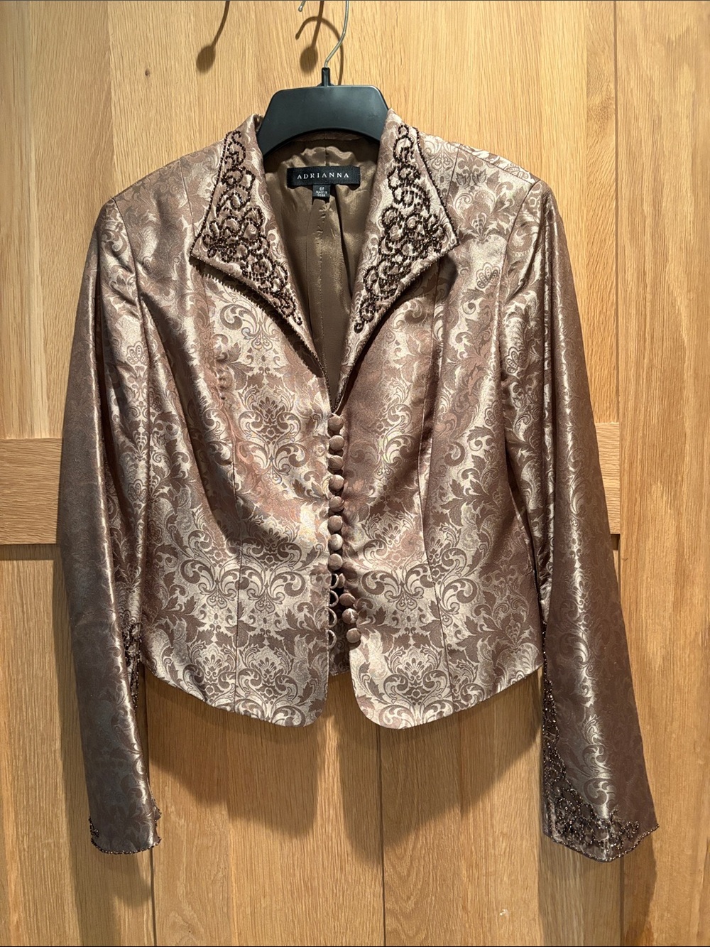 Metallic Taupe Brocade suit with elegant beading